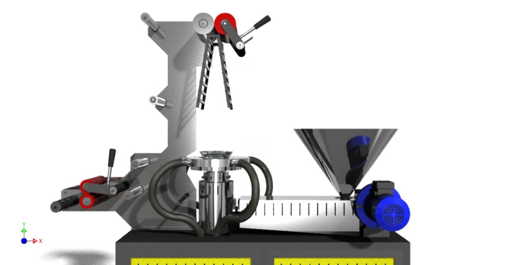 Render 3D lateral de mini extrusora con tornillo de 35 por 750 milímetros